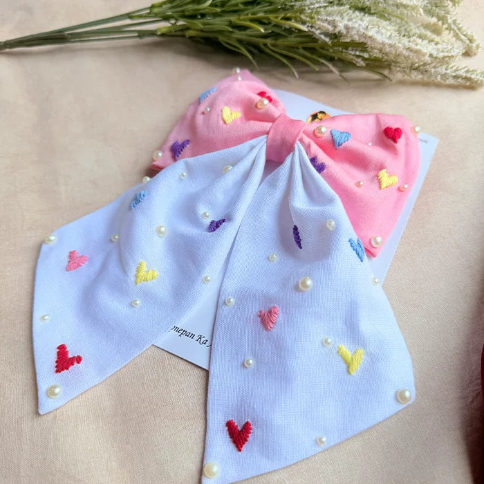 Cupid Embrace Pink Hand Embroidered Heart Bow Hair Clip