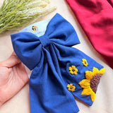 Be My Sunflower Blue Hand Embroidered Bow Hair Clip