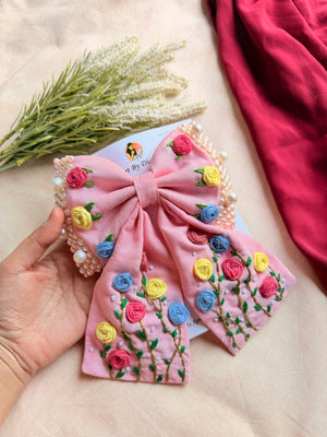 Apsara Pink Hand Embroidered Floral Bow Hair Clip