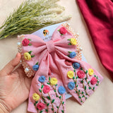 Apsara Pink Hand Embroidered Floral Bow Hair Clip