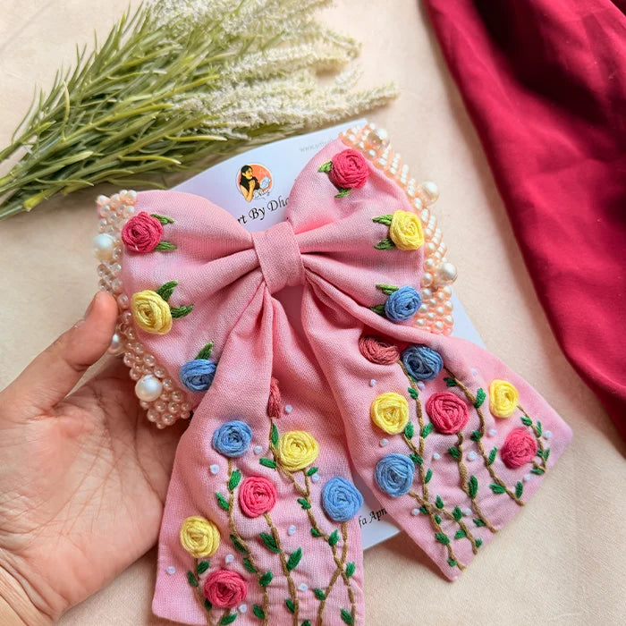 Apsara Pink Hand Embroidered Floral Bow Hair Clip