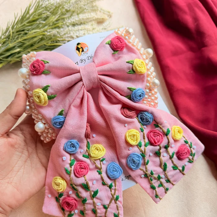 Apsara Pink Hand Embroidered Floral Bow Hair Clip