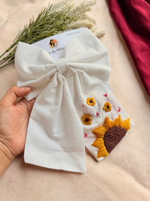 Be My Sunflower White Hand Embroidered Bow Hair Clip