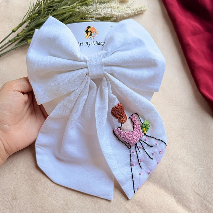 Khoobsurat White Hand Embroidered Bridal Bow Hair Clip