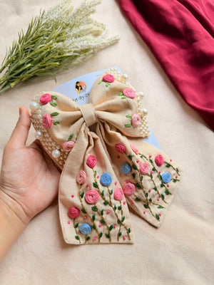 Apsara Beige Hand Embroidered Floral Bow Hair Clip