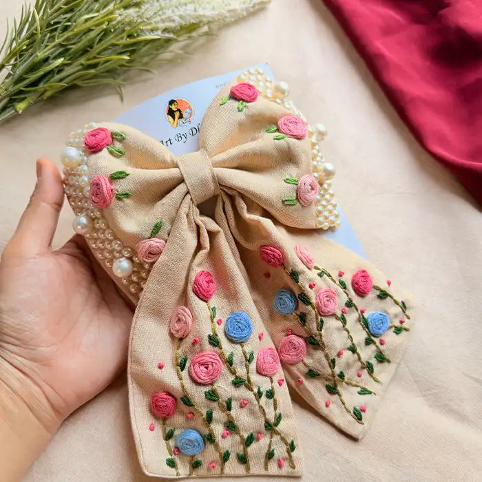 Apsara Beige Hand Embroidered Floral Bow Hair Clip