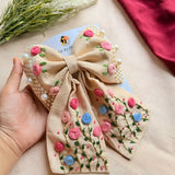 Apsara Beige Hand Embroidered Floral Bow Hair Clip