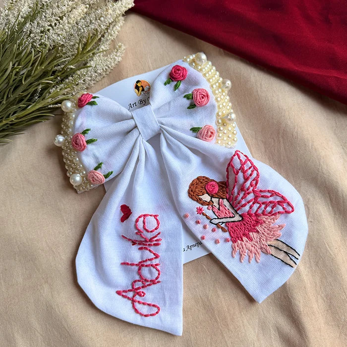 Fairytale White Personalized Hand Embroidered Bow Hair Clip