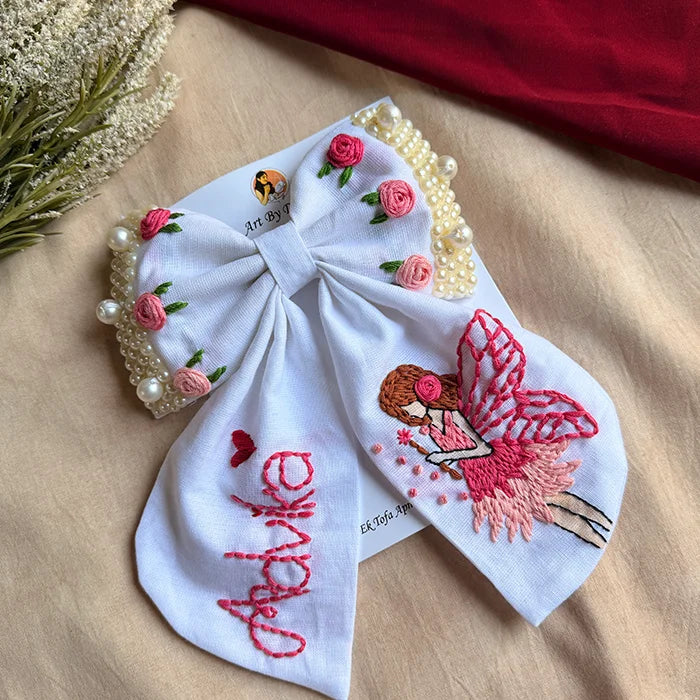 Fairytale White Personalized Hand Embroidered Bow Hair Clip