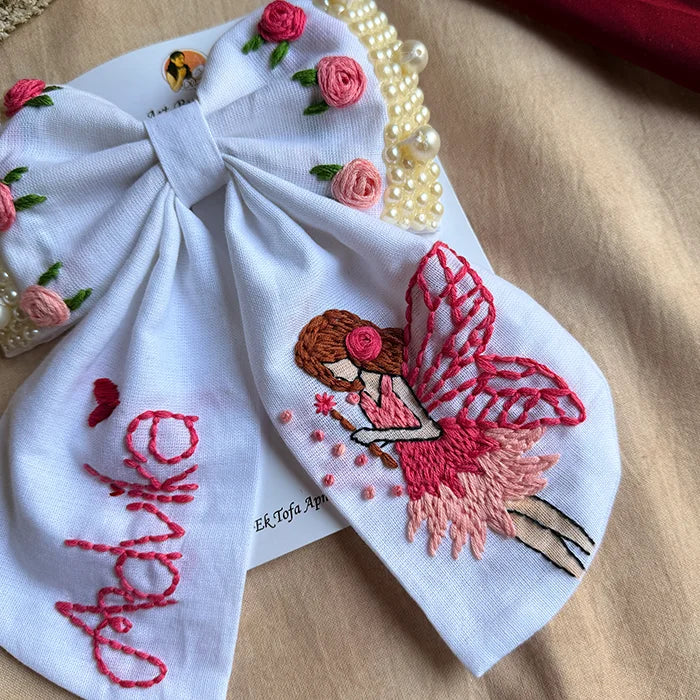 Fairytale White Personalized Hand Embroidered Bow Hair Clip