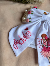 Fairytale White Personalized Hand Embroidered Bow Hair Clip
