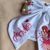 Fairytale White Personalized Hand Embroidered Bow Hair Clip