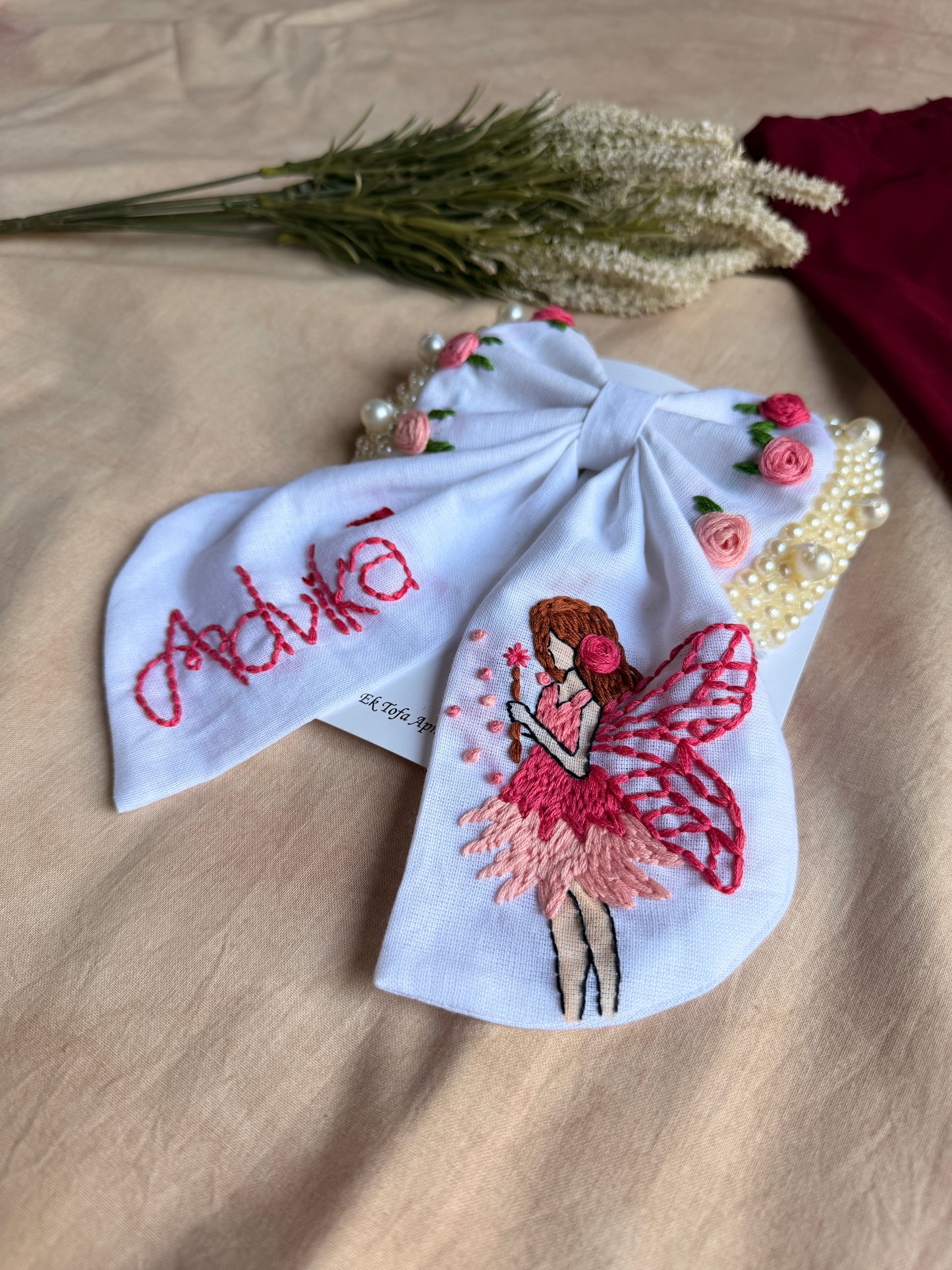 Fairytale White Personalized Hand Embroidered Bow Hair Clip