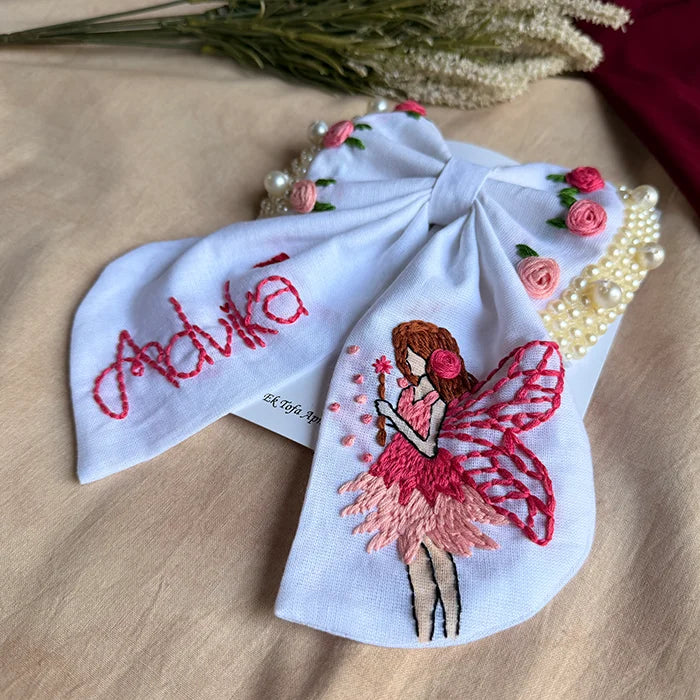 Fairytale White Personalized Hand Embroidered Bow Hair Clip