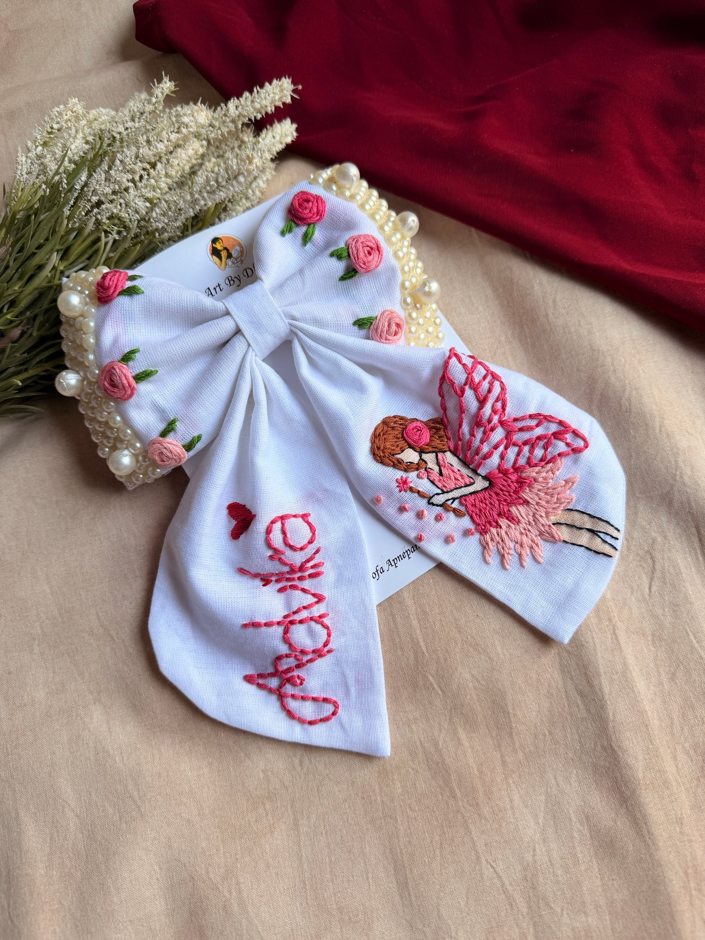 Fairytale White Personalized Hand Embroidered Bow Hair Clip