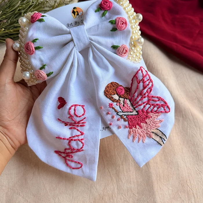 Fairytale White Personalized Hand Embroidered Bow Hair Clip