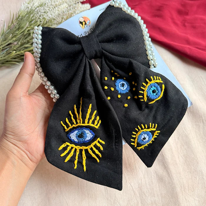 Evil Eye Black Hand Embroidered Bow Hair Clip