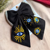Evil Eye Black Hand Embroidered Bow Hair Clip