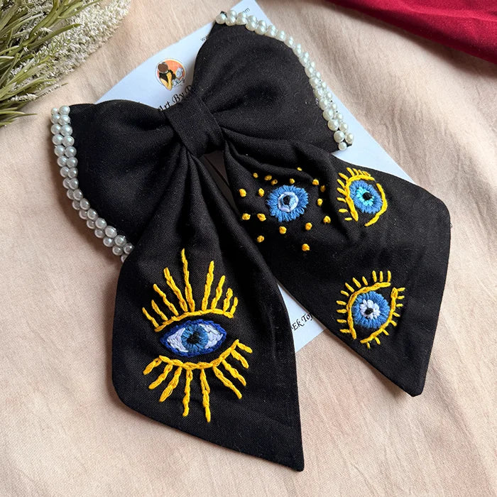 Evil Eye Black Hand Embroidered Bow Hair Clip