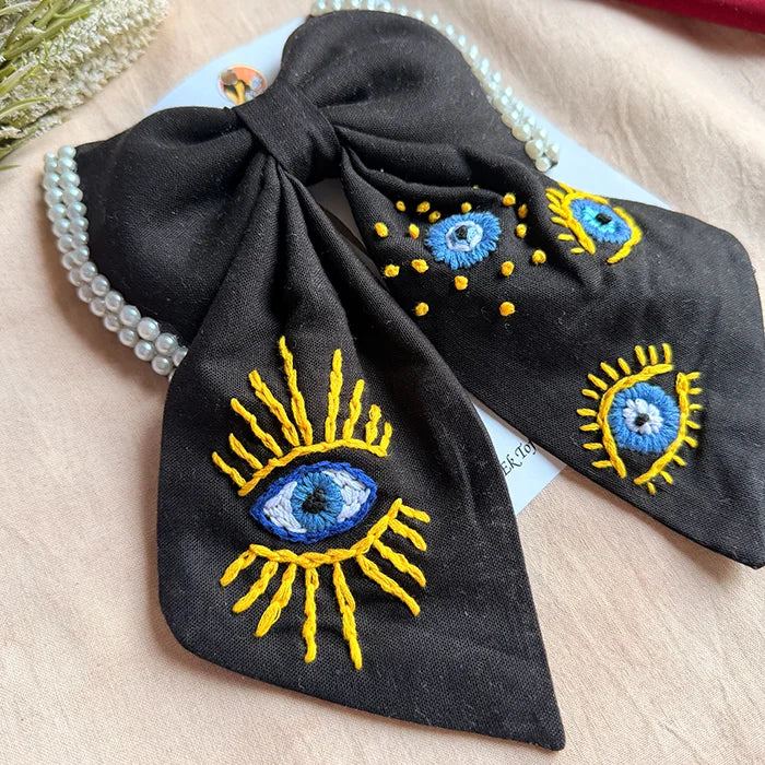 Evil Eye Black Hand Embroidered Bow Hair Clip