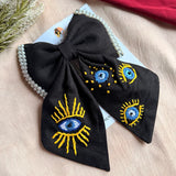 Evil Eye Black Hand Embroidered Bow Hair Clip