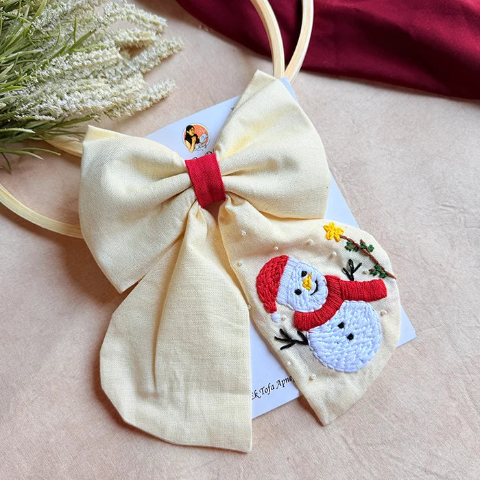 Snowman Hand Embroidered Bow Hair Clip – Ivory