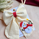 Snowman Hand Embroidered Bow Hair Clip – Ivory