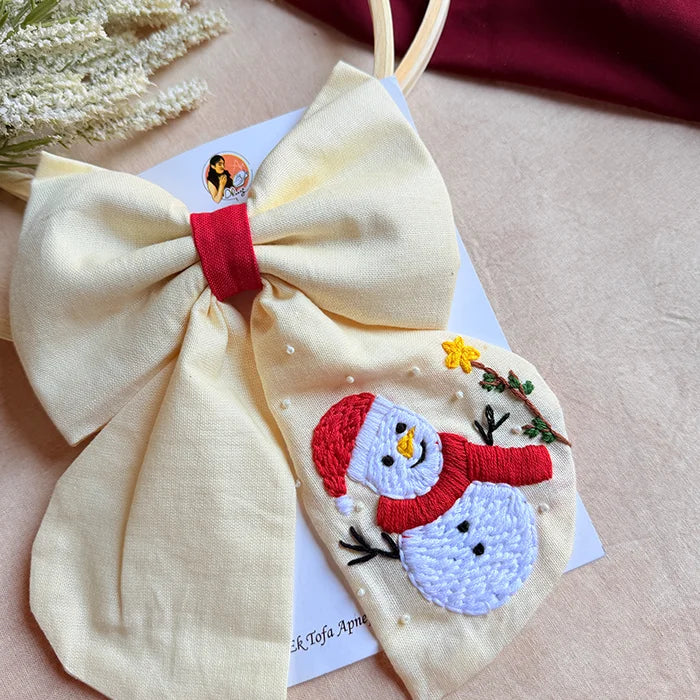 Snowman Hand Embroidered Bow Hair Clip – Ivory