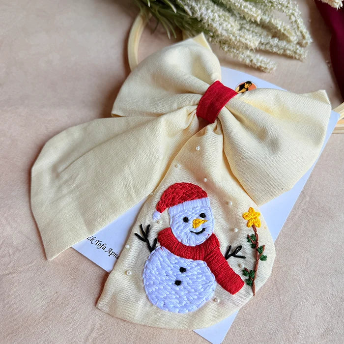 Snowman Hand Embroidered Bow Hair Clip – Ivory