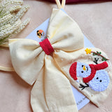 Snowman Hand Embroidered Bow Hair Clip – Ivory