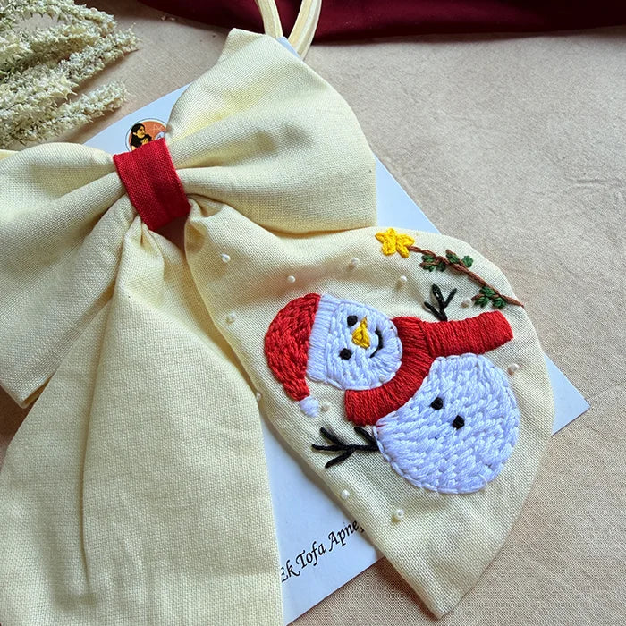 Snowman Hand Embroidered Bow Hair Clip – Ivory