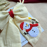 Snowman Hand Embroidered Bow Hair Clip – Ivory