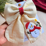 Snowman Hand Embroidered Bow Hair Clip – Ivory