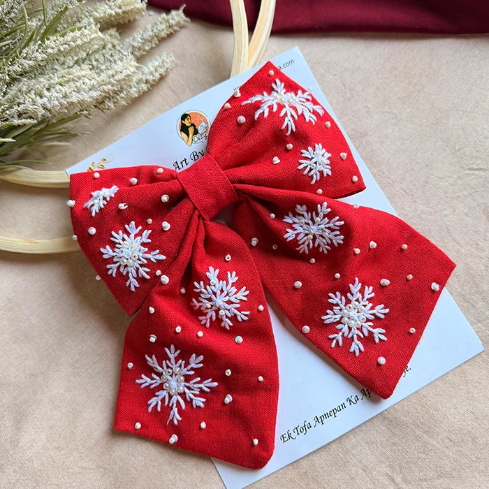 Frozen Red Hand Embroidered Snowflake Bow Hair Clip