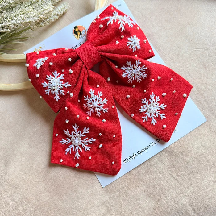 Frozen Red Hand Embroidered Snowflake Bow Hair Clip