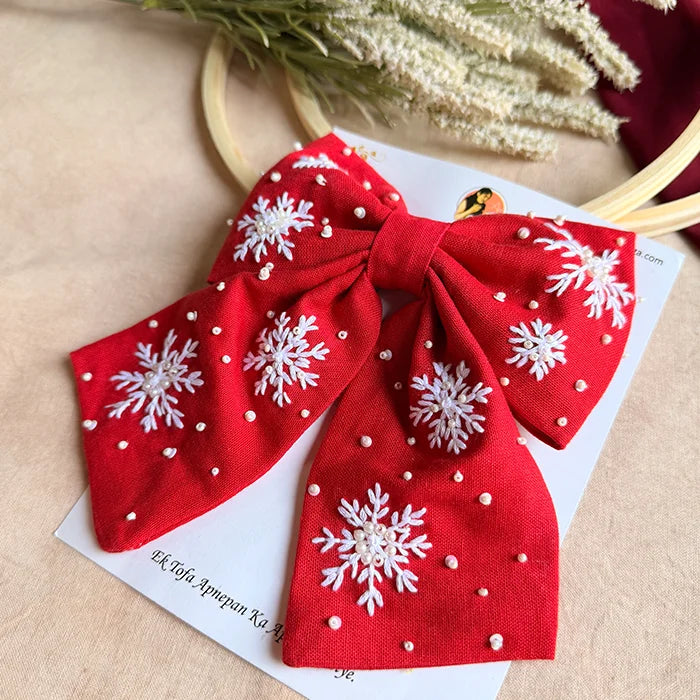 Frozen Red Hand Embroidered Snowflake Bow Hair Clip