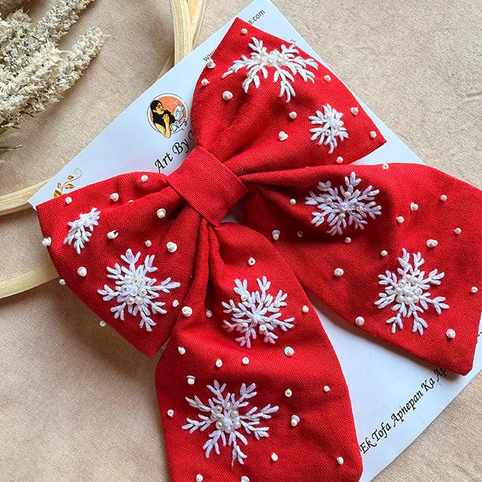 Frozen Red Hand Embroidered Snowflake Bow Hair Clip