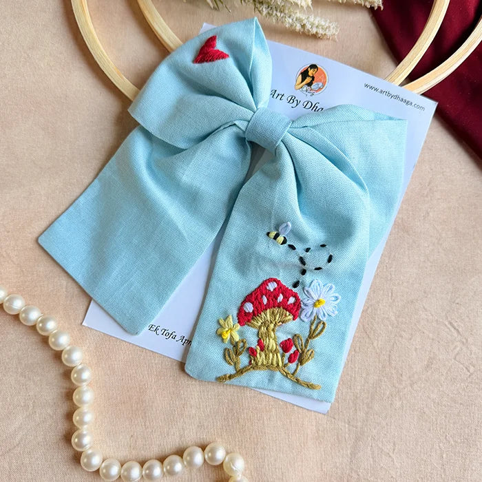 Mushroom Sky Blue Hand Embroidered Bow Hair Clip