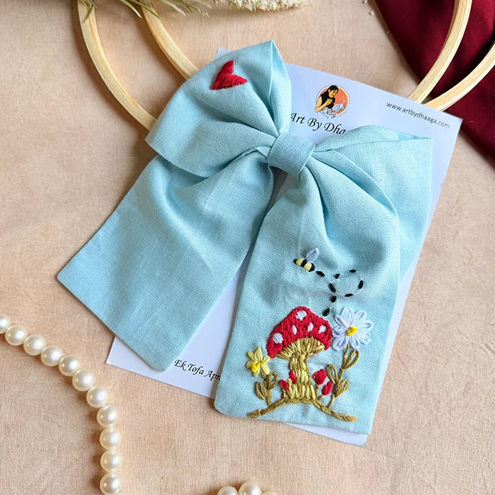 Mushroom Sky Blue Hand Embroidered Bow Hair Clip