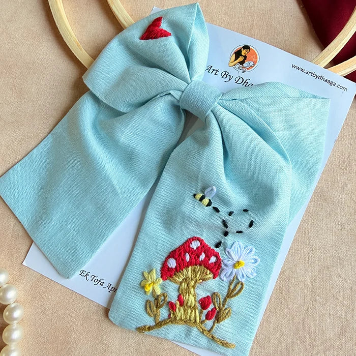 Mushroom Sky Blue Hand Embroidered Bow Hair Clip
