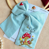 Mushroom Sky Blue Hand Embroidered Bow Hair Clip