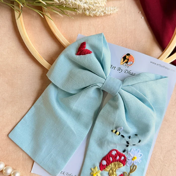 Mushroom Sky Blue Hand Embroidered Bow Hair Clip