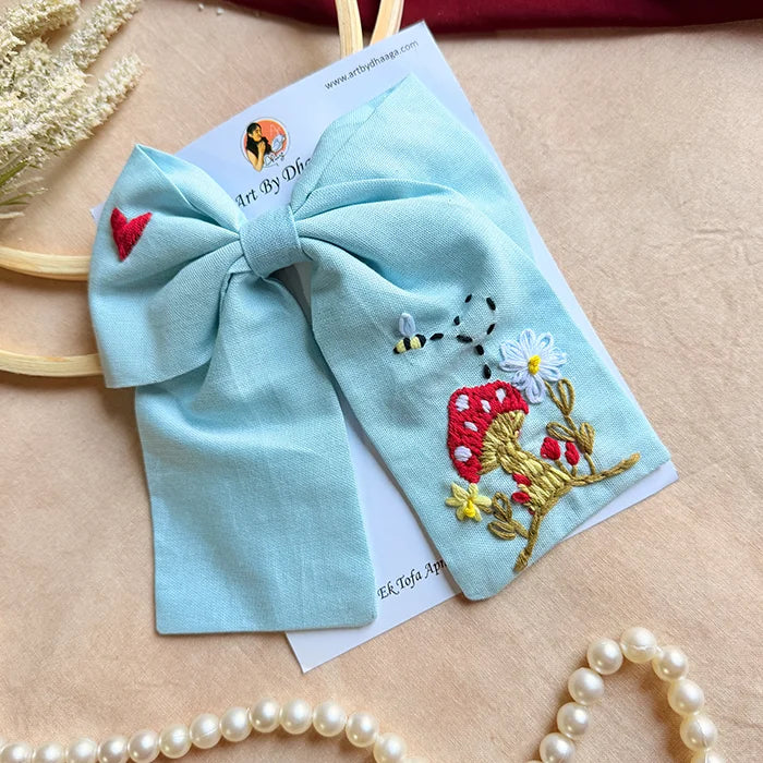 Mushroom Sky Blue Hand Embroidered Bow Hair Clip
