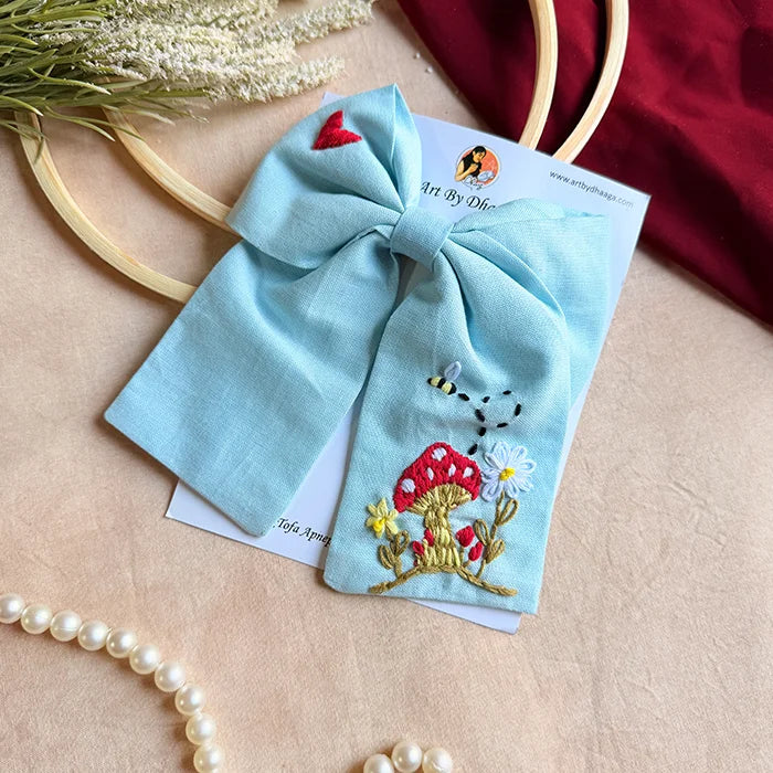 Mushroom Sky Blue Hand Embroidered Bow Hair Clip