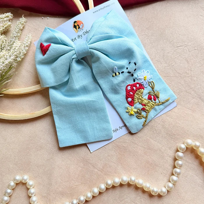 Mushroom Sky Blue Hand Embroidered Bow Hair Clip