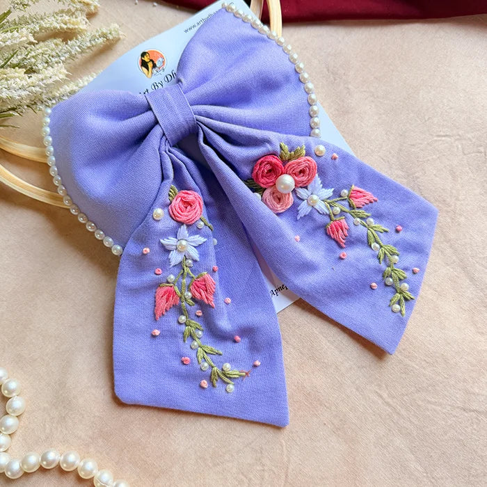 Jiya Re Lavender Hand Embroidered Floral Bow Hair Clip