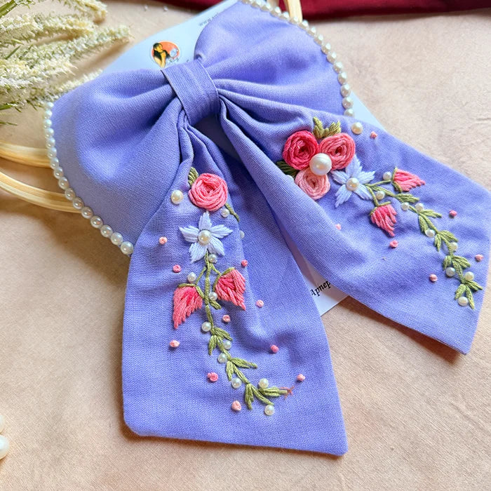 Jiya Re Lavender Hand Embroidered Floral Bow Hair Clip