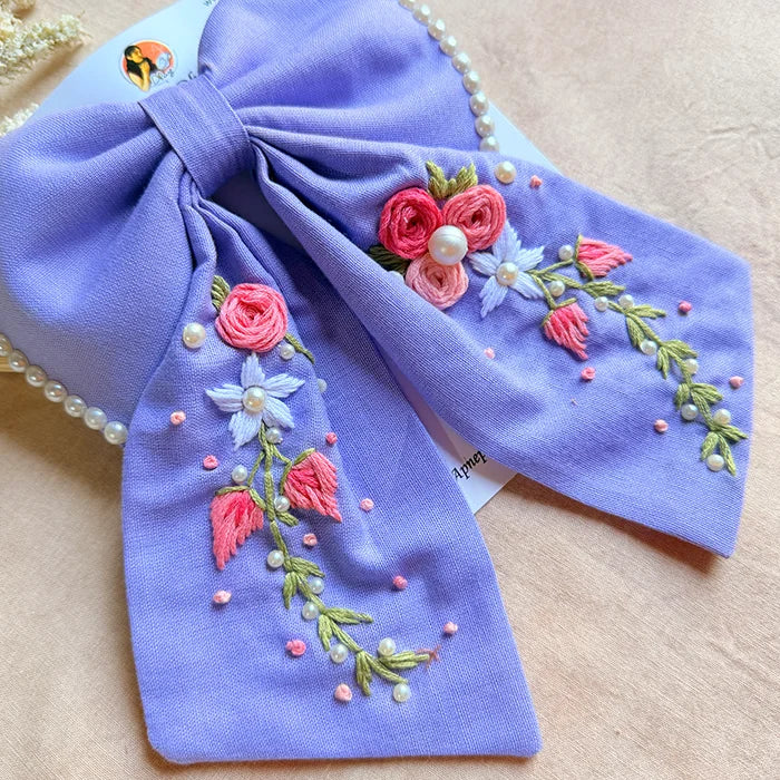Jiya Re Lavender Hand Embroidered Floral Bow Hair Clip