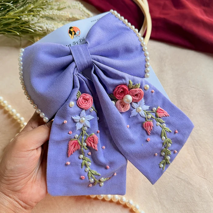 Jiya Re Lavender Hand Embroidered Floral Bow Hair Clip