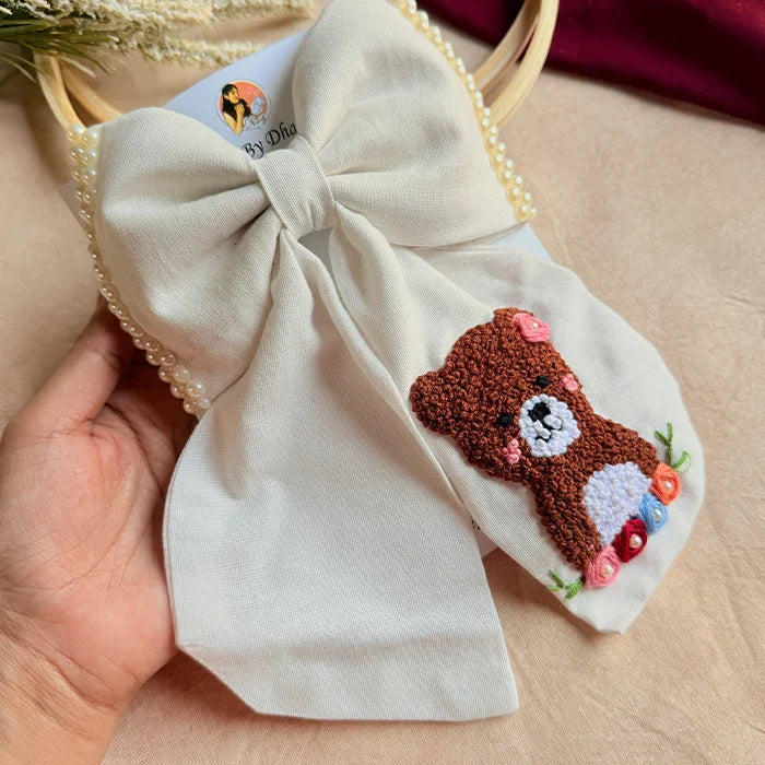 Cuddle White Hand Embroidered Teddy Bow Hair Clip